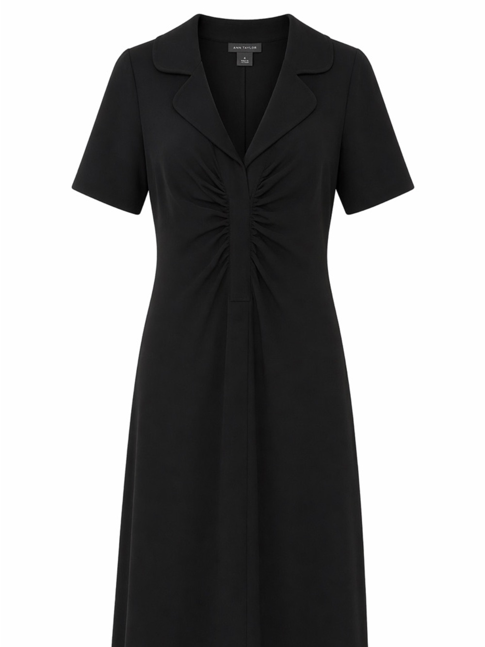 Ann Taylor Black Midi Dress with Notched Collar and Ruched Front